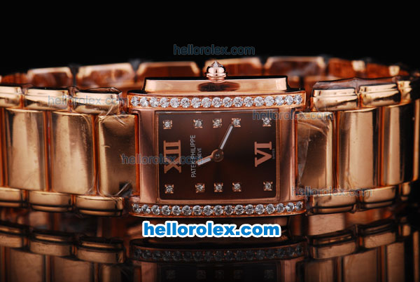 Patek Philippe Quartz Movement Diamond Bezel with Brown Dial and Full Rose Gold-Lady Size - Click Image to Close
